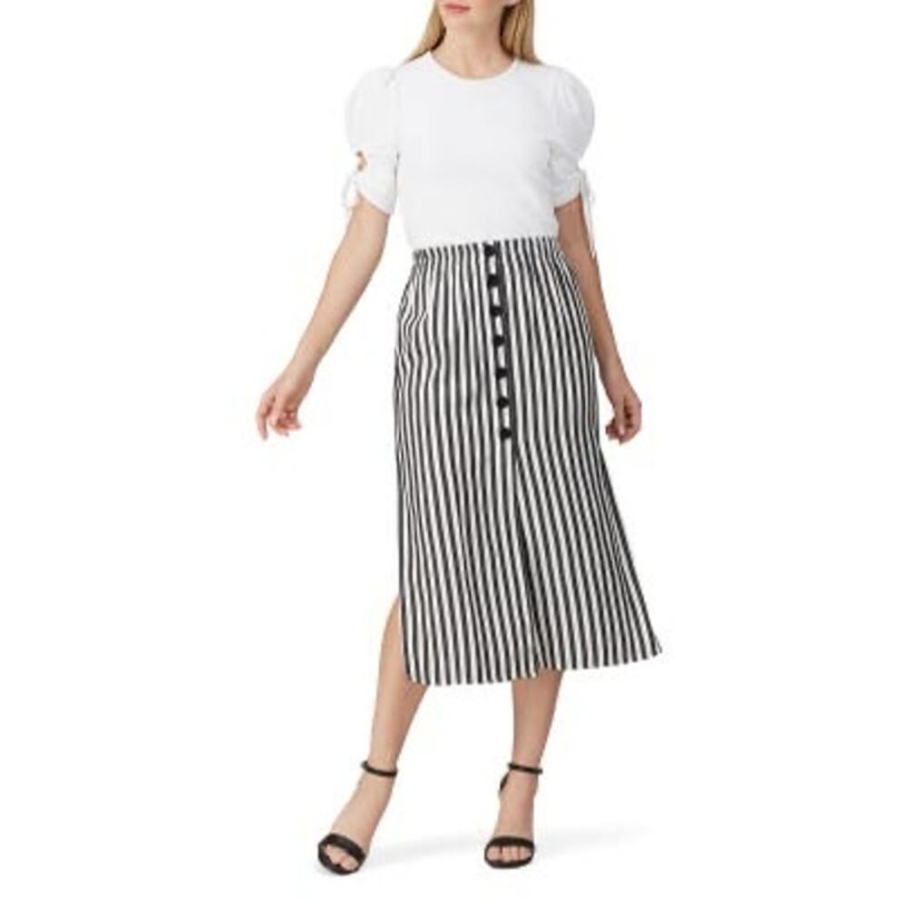 CUPCAKES AND CASHMERE Sandrine Black White Striped Side Slits Midi Skirt Size 2